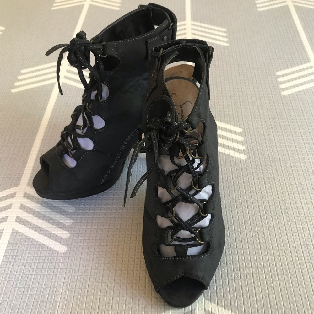 Women Dark gray Ankle Lace Up open Toe Heels Size 7